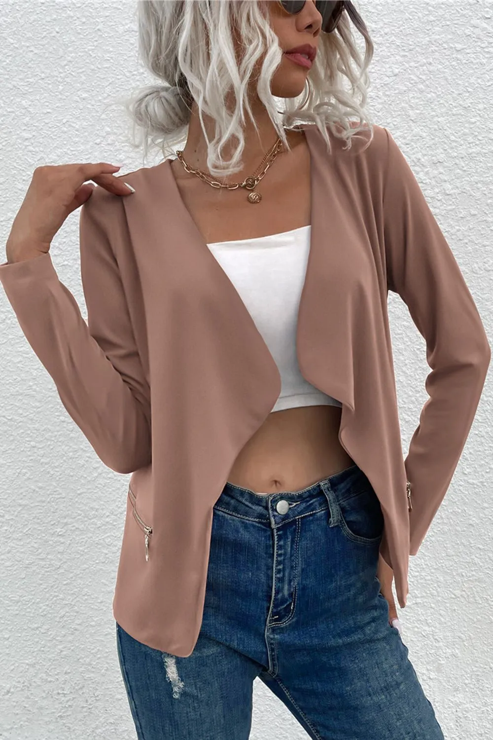 Open Front Zipper Pocket Cardigan, image 6