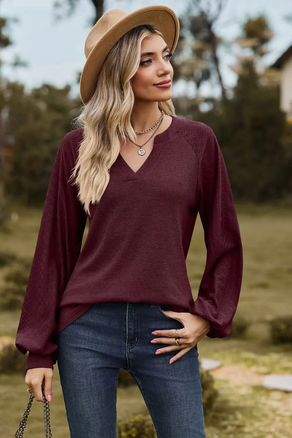 Notched Neck Raglan Sleeve Blouse, image 19