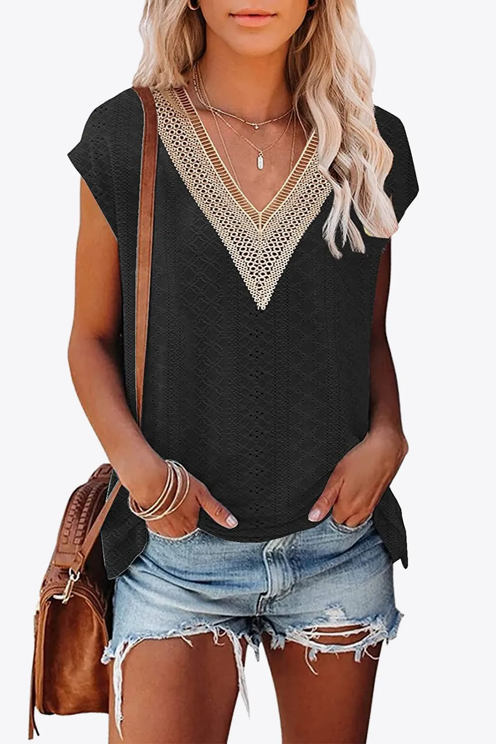Eyelet Contrast V-Neck Tee, image 17