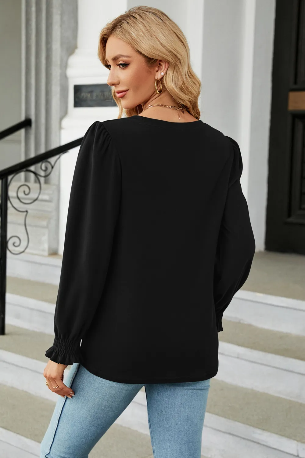 Round Neck Smocked Flounce Sleeve Blouse, image 6
