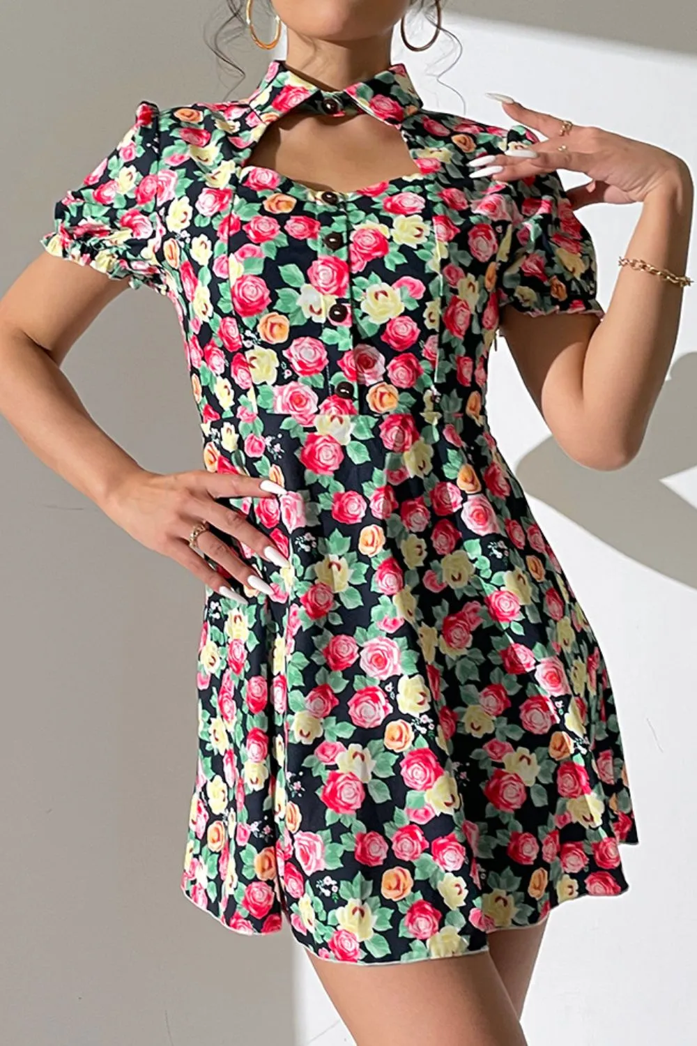 Floral Buttoned Cutout Puff Sleeve Dress, image 4
