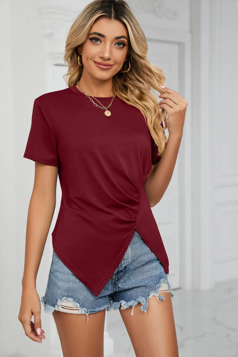 Ruched Hem Detail Crewneck T-Shirt, image 5