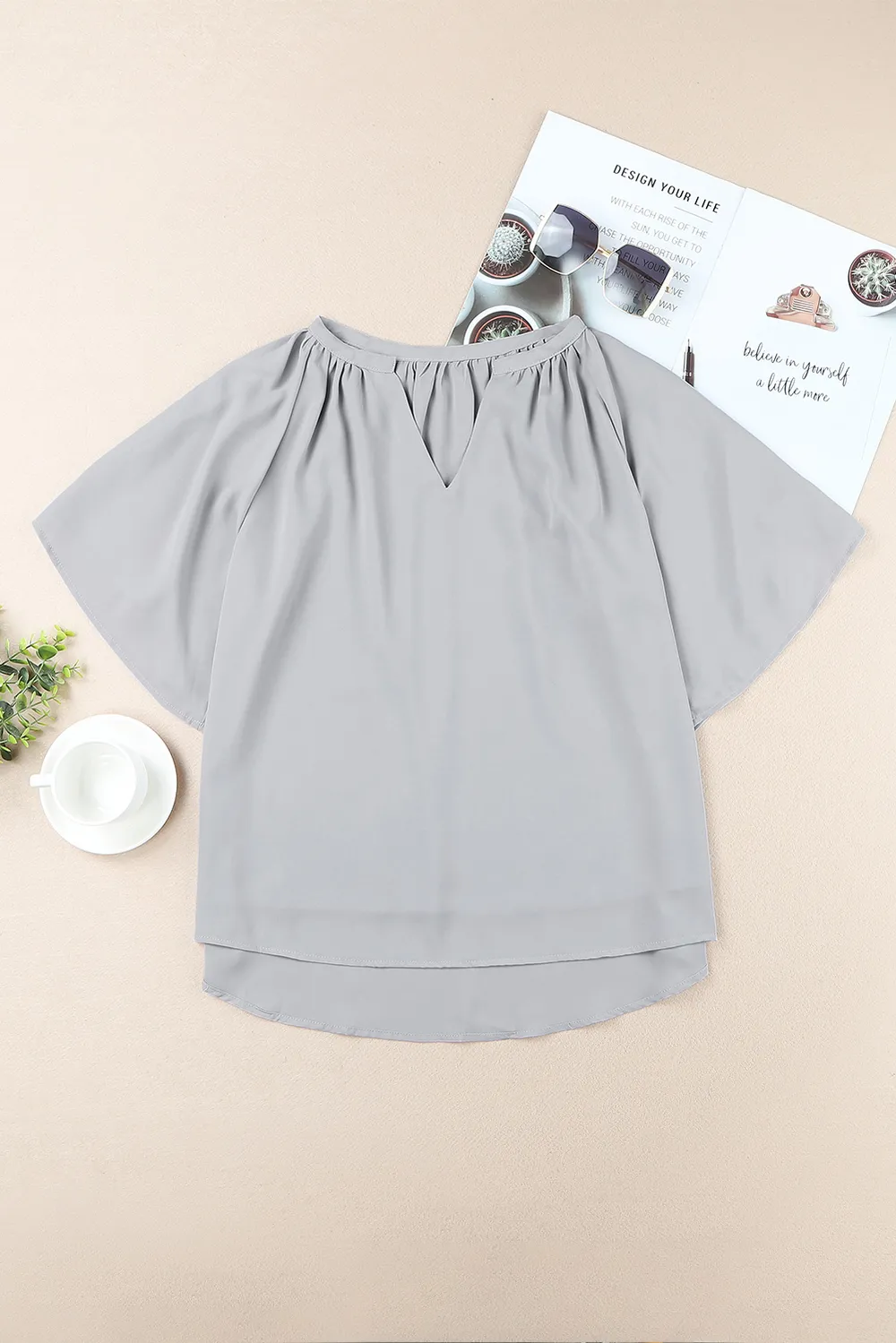 Gathered Detail Notched Neck Flutter Sleeve Top, image 21