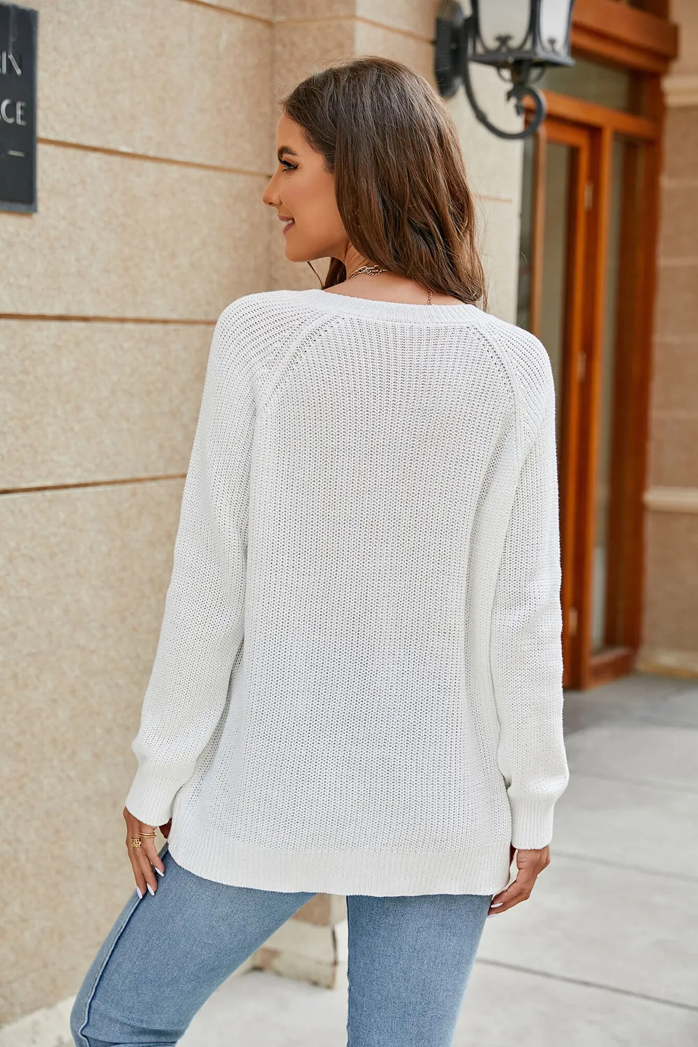 Raglan Sleeve Ribbed Trim Plunge Knit Top, image 3