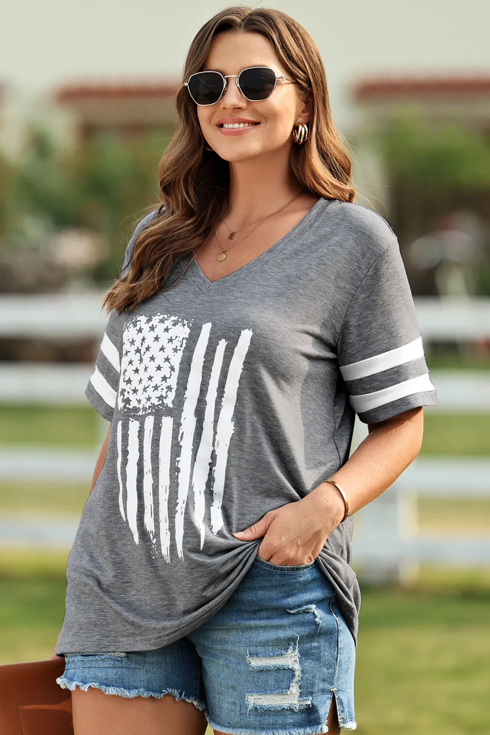 Plus Size US Flag Graphic V-Neck Tee, image 6