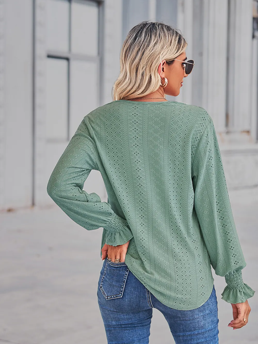 V-Neck Eyelet Flounce Sleeve Blouse, image 11