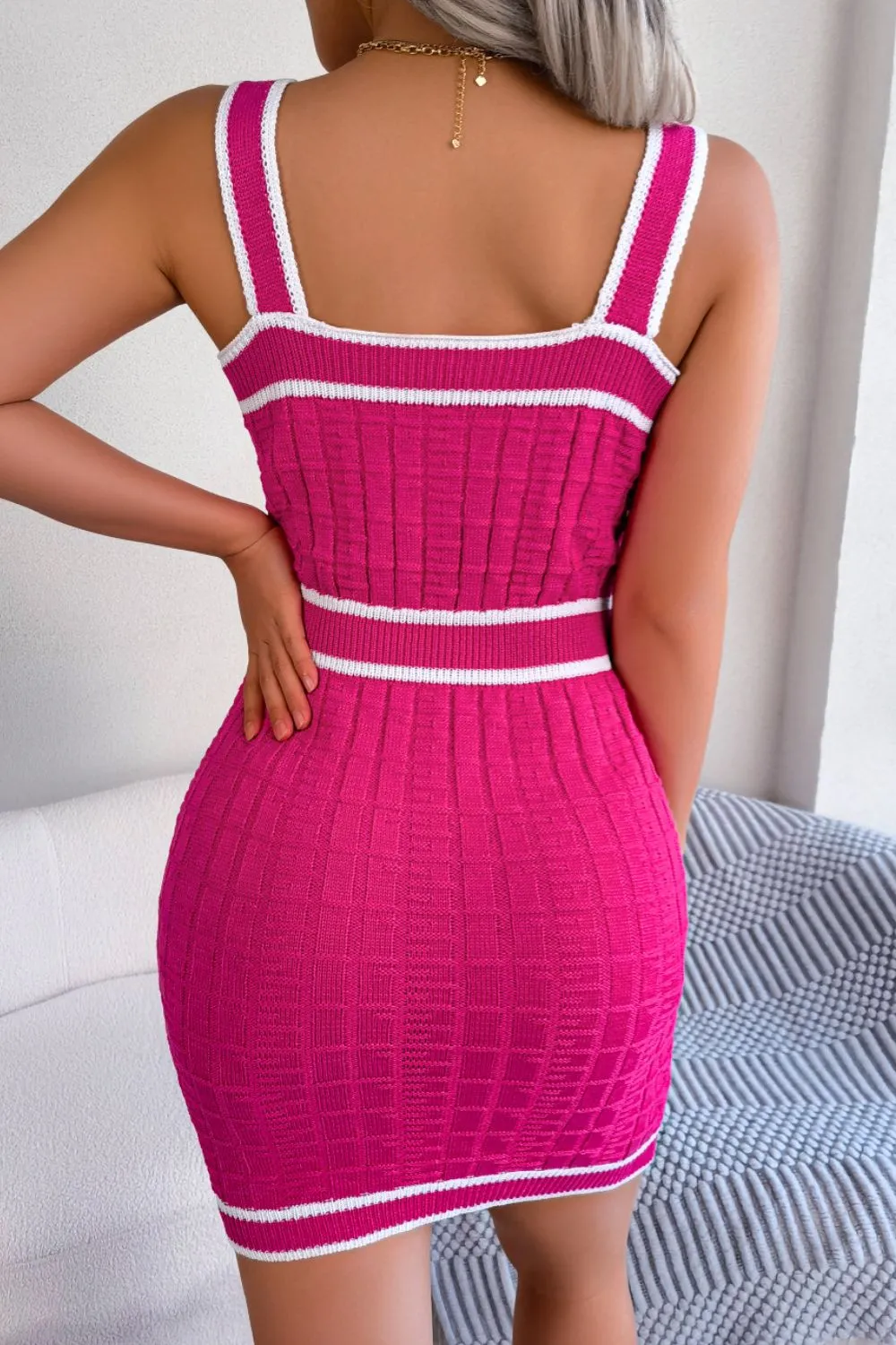 Contrast Trim Decorative Button Sleeveless Knit Dress, image 3