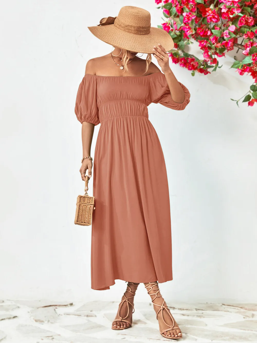 Off-Shoulder Balloon Sleeve Midi Dress, image 15