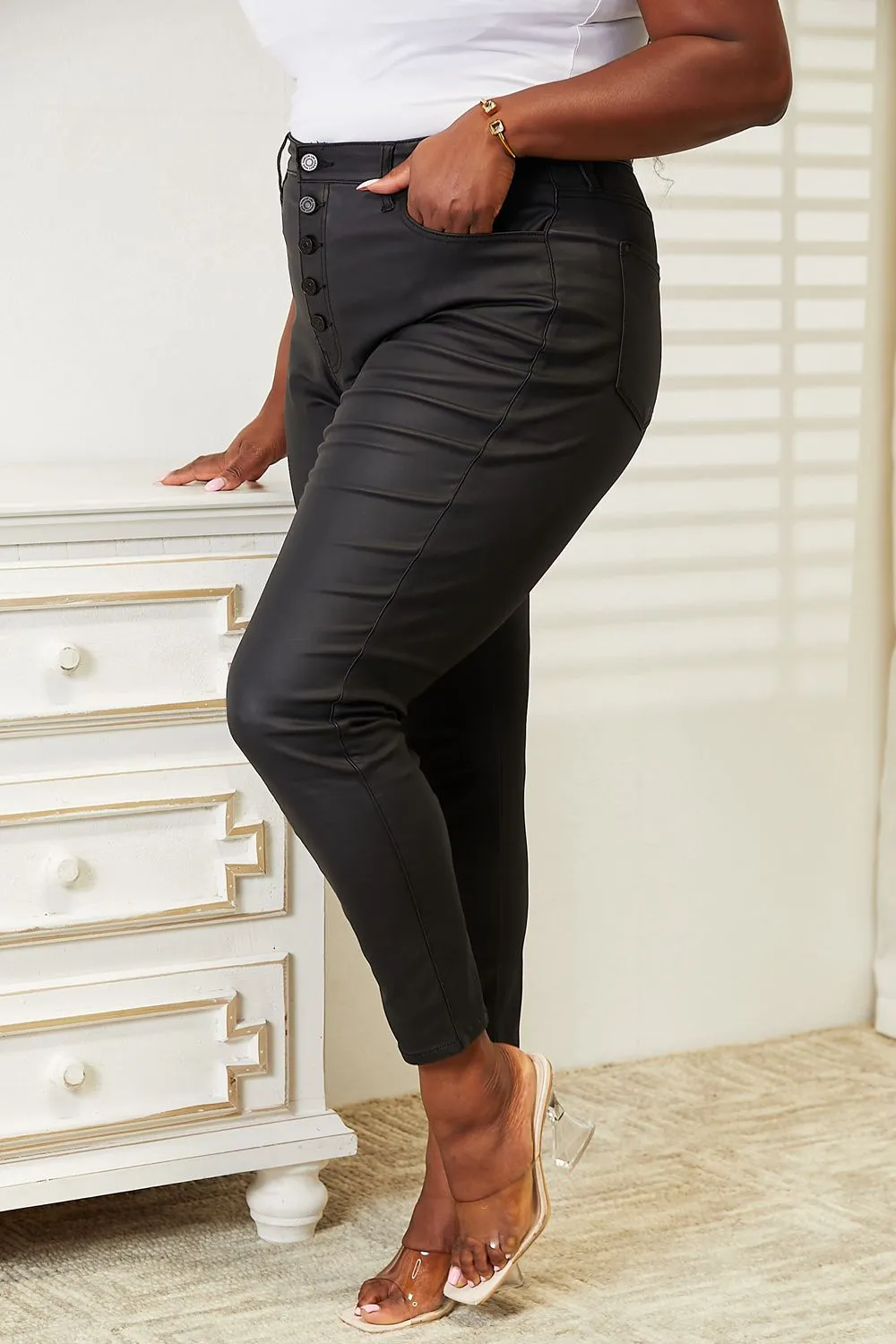 Full Size High Rise Black Coated Ankle Skinny Jeans, image 3