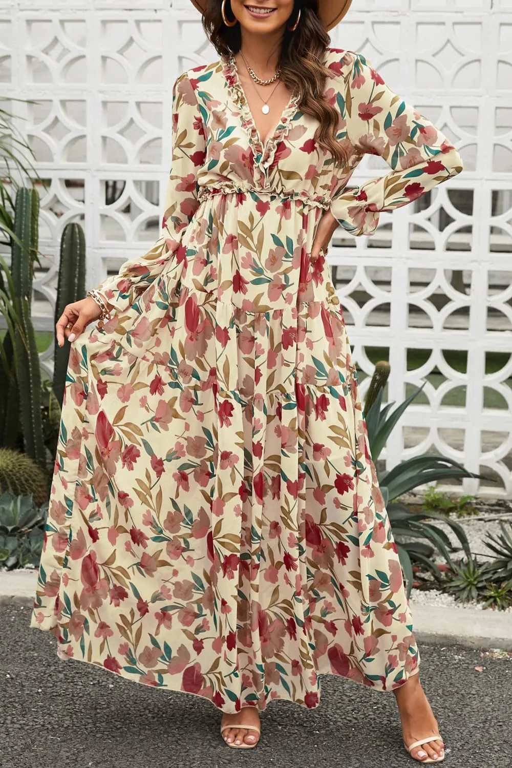 Floral Frill Trim Flounce Sleeve Plunge Maxi Dress, image 6