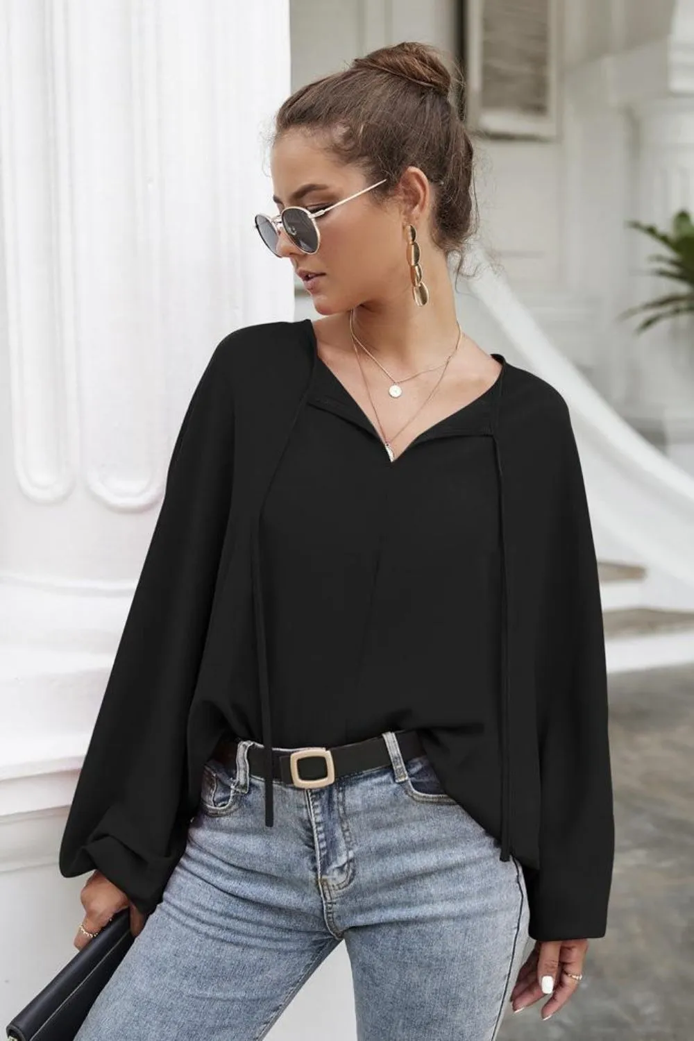 Tie Neck Balloon Sleeve Blouse, image 3