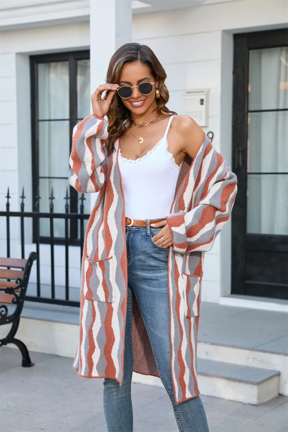 Printed Open Front Pocketed Cardigan, image 5