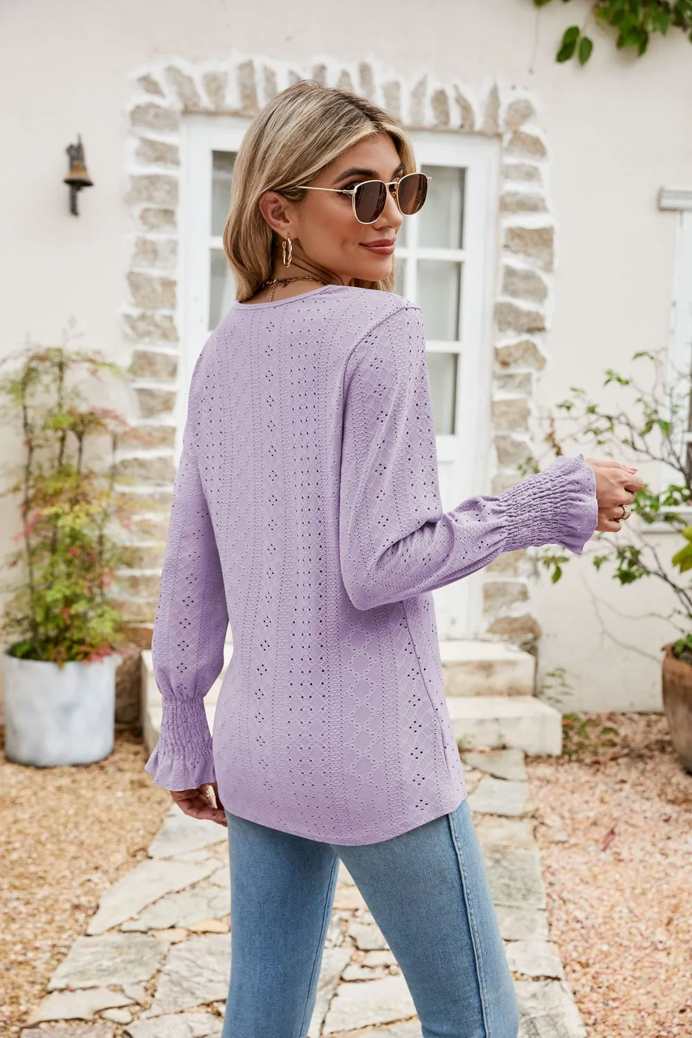 Eyelet V-Neck Smocked Flounce Sleeve Blouse, image 9