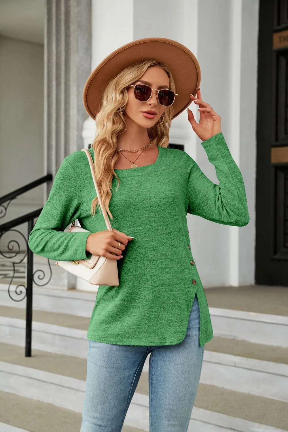 Square Neck Long Sleeve Slit T-Shirt, image 8