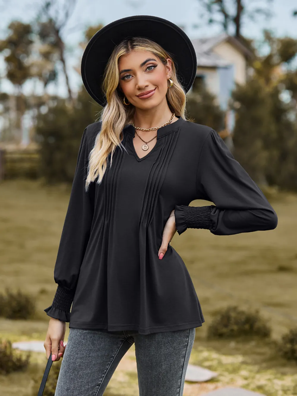 Notched Neck Flounce Sleeve Blouse, image 14