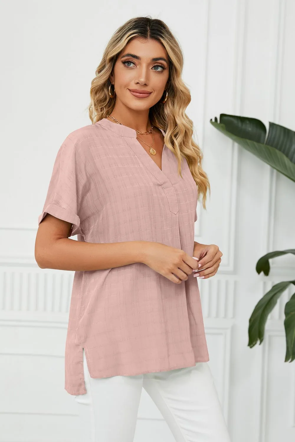 Side Slit Notched Neck Cuffed Short Sleeve Blouse, image 2