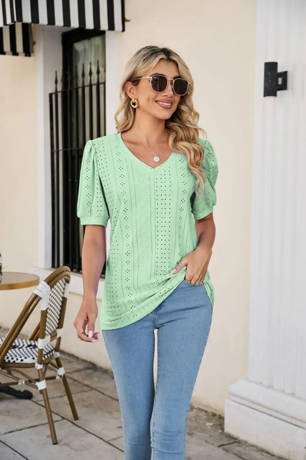 Eyelet Puff Sleeve V-Neck Top, image 20