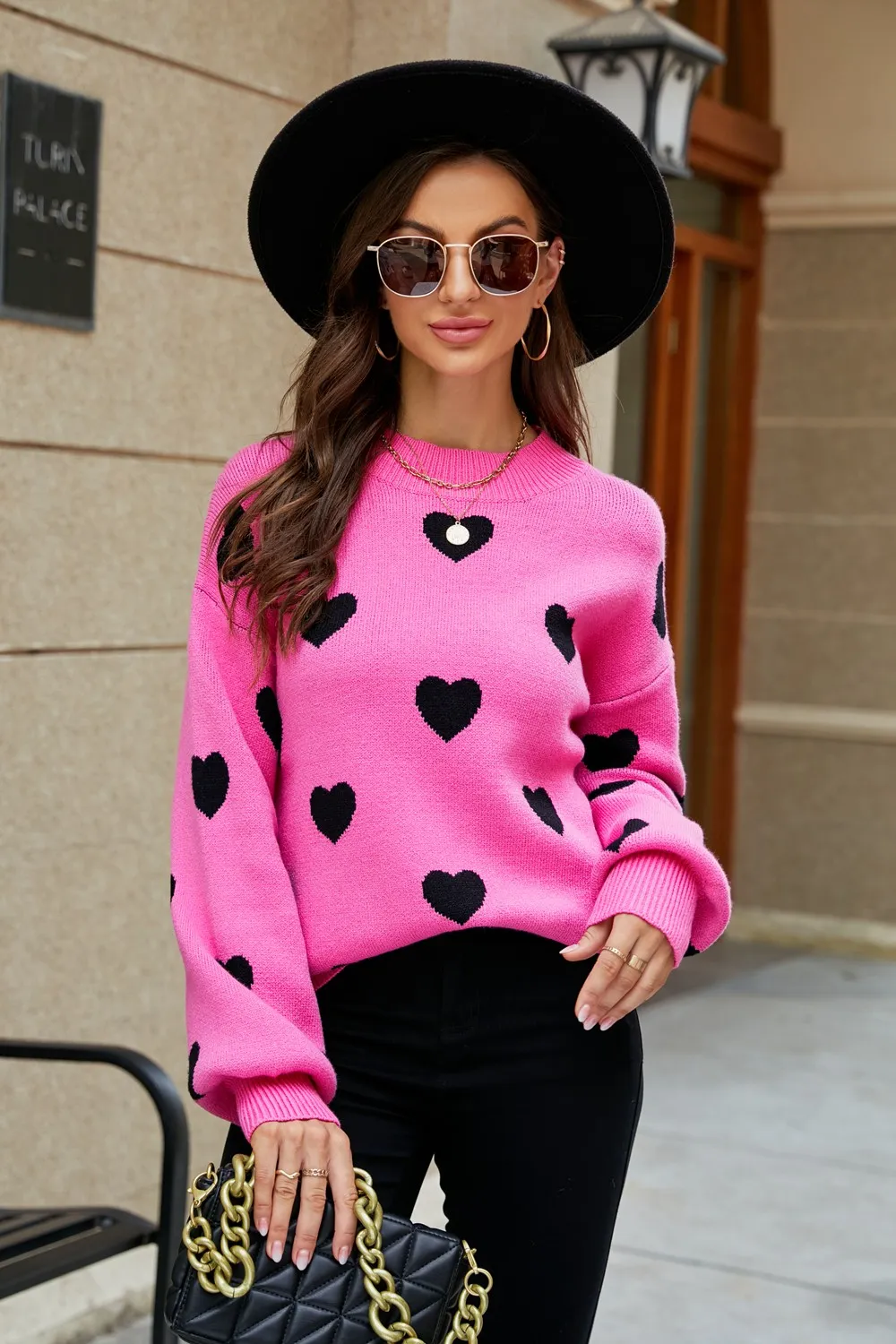 Heart Pattern Lantern Sleeve Round Neck Tunic Sweater, image 21