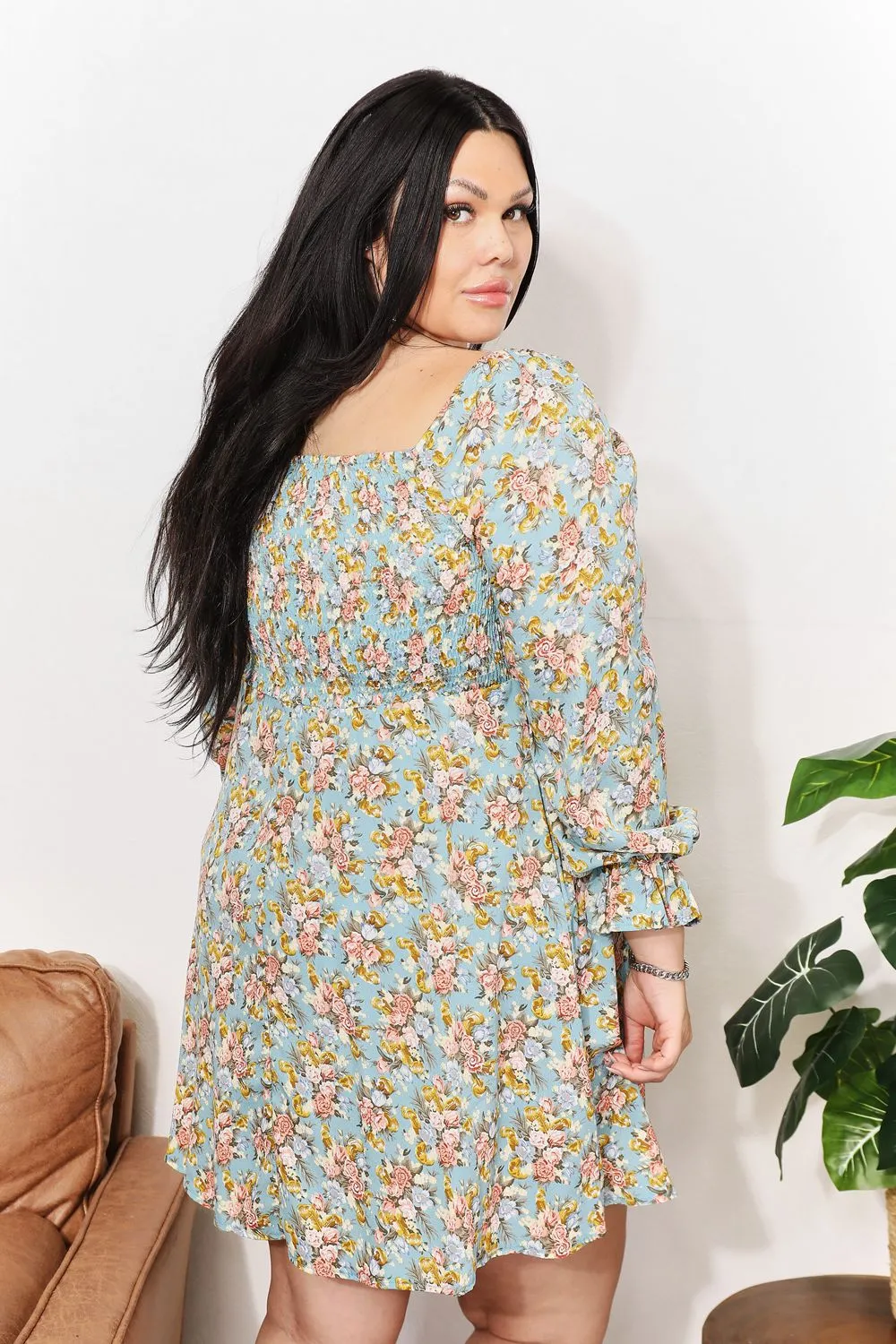 Floral Smocked Flounce Sleeve Square Neck Dress, image 8