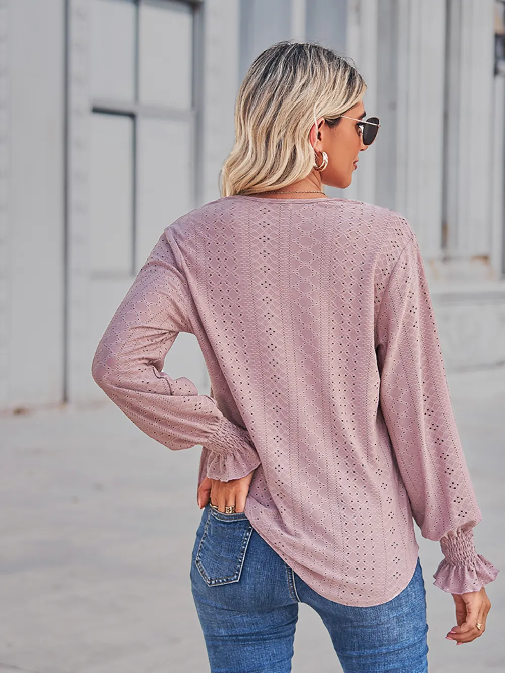 V-Neck Eyelet Flounce Sleeve Blouse, image 13