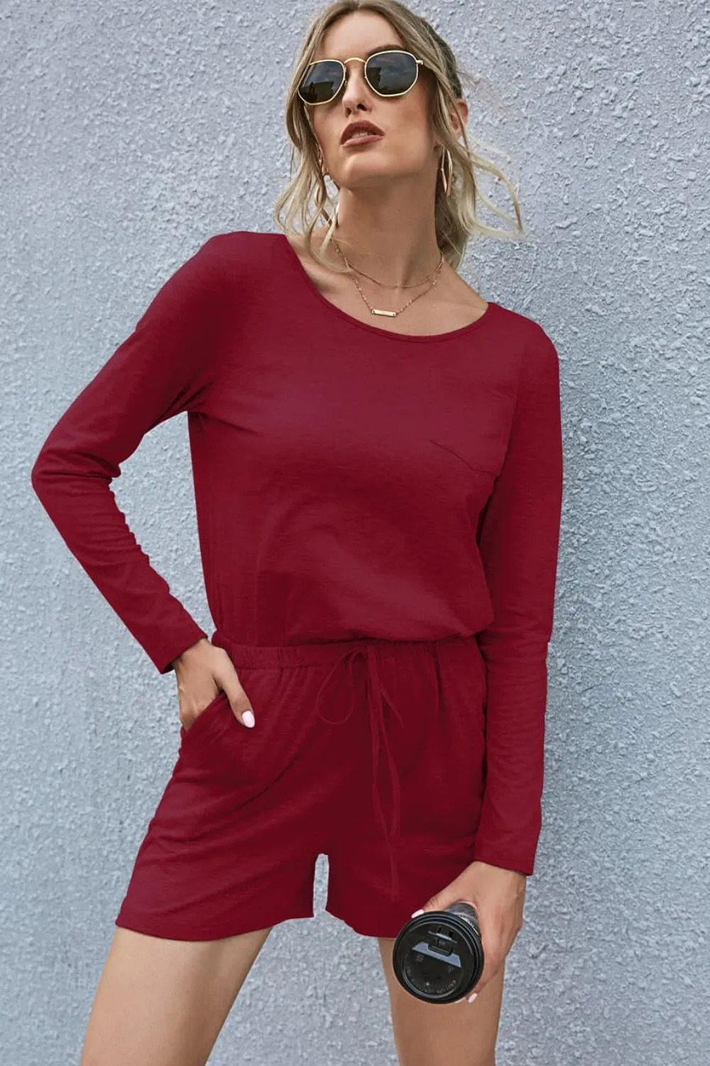 Drawstring Waist Long Sleeve Romper, image 6