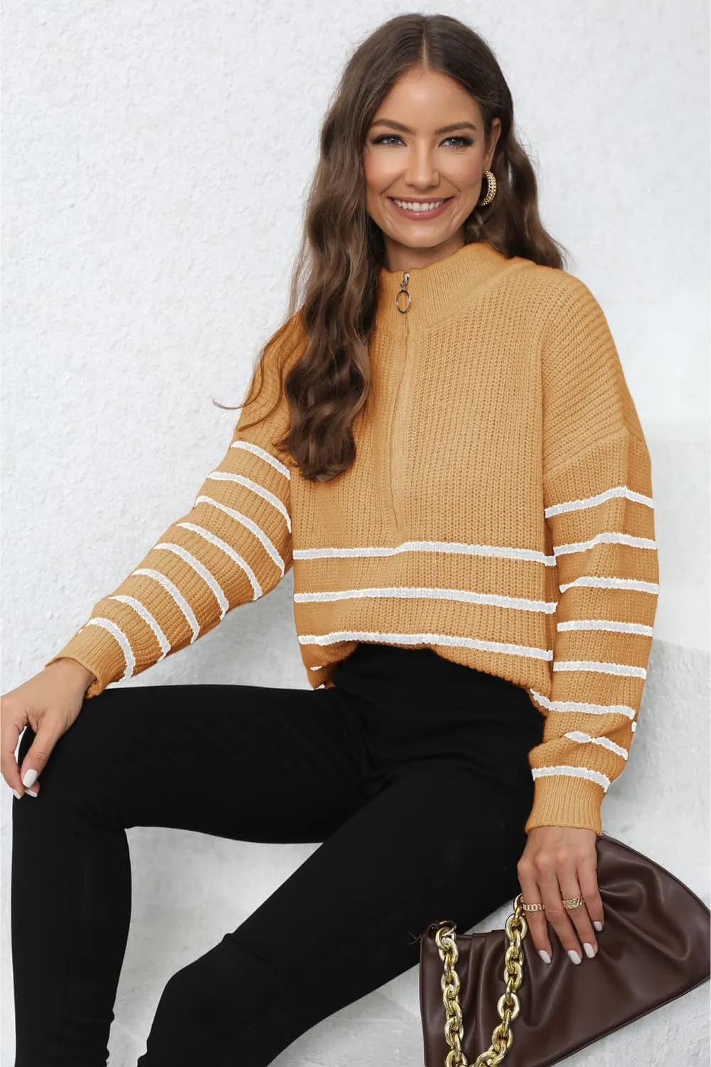 Mock Neck Long Sleeve Zip-Up Sweater, image 8