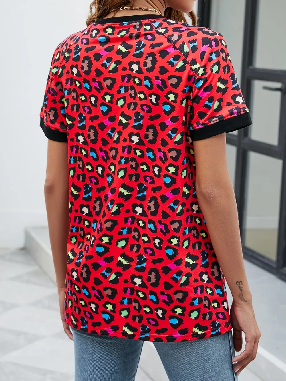 Leopard Round Neck Short Sleeve Tee Shirt, image 3