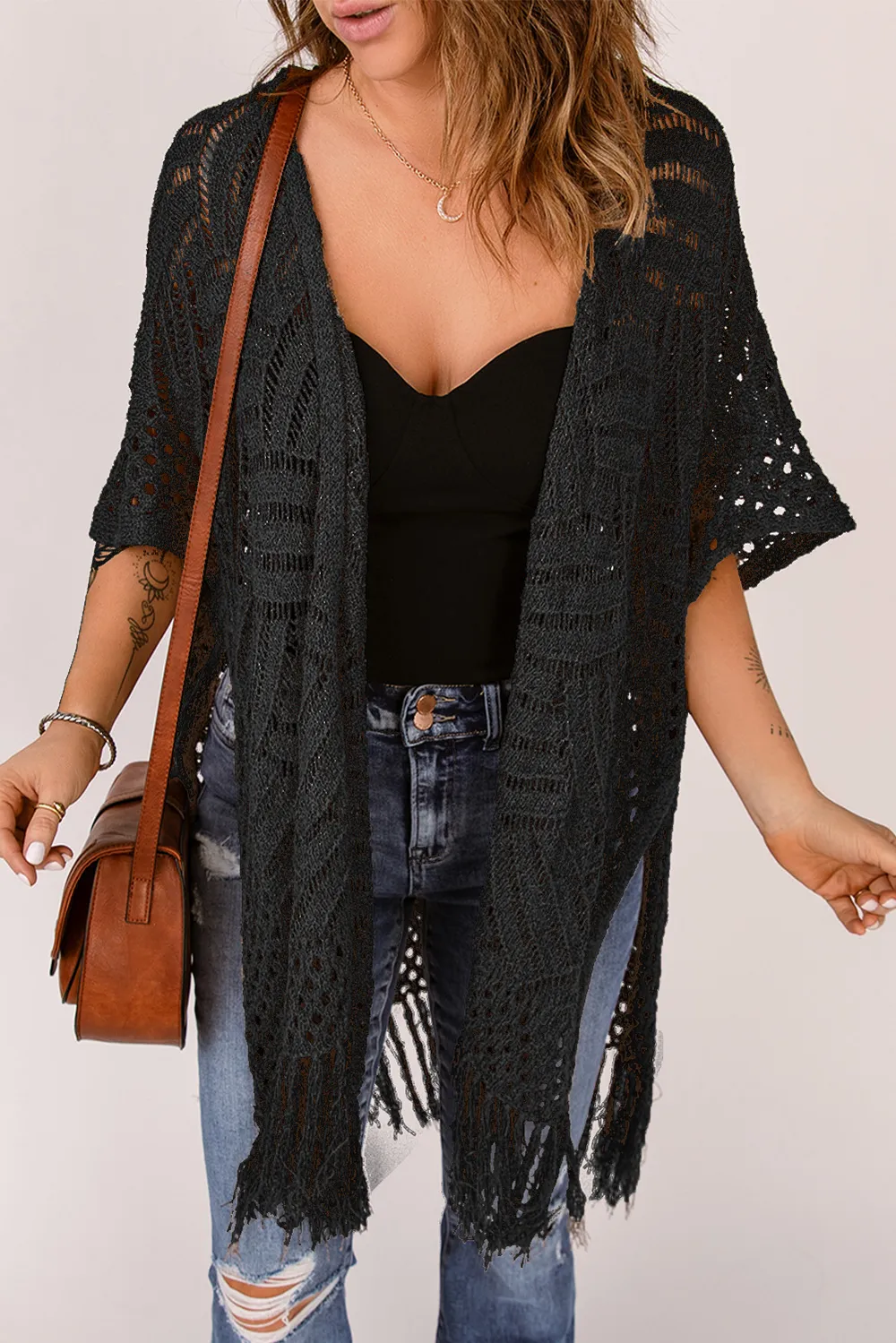 Fringe Hem Slit Open Front Cardigan, image 9