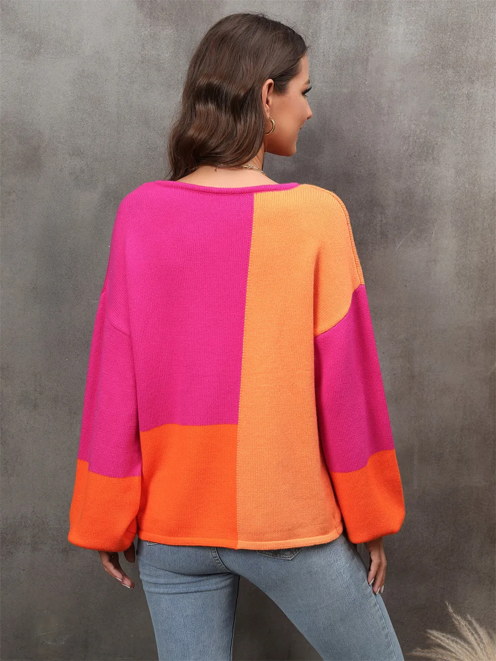 Color Block Round Neck Dropped Shoulder Sweater, image 2