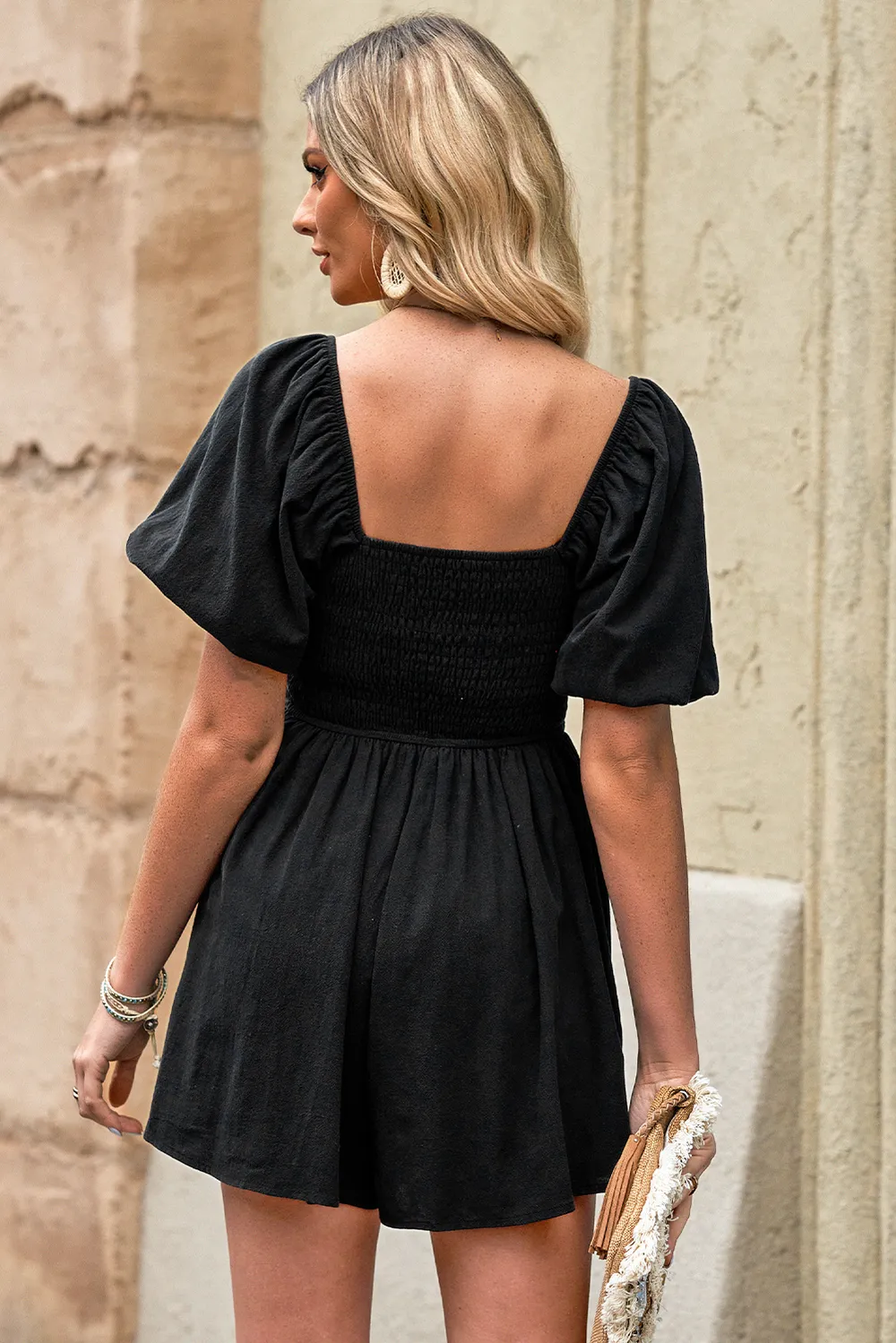 Square Neck Pleated Romper with Pockets, image 6