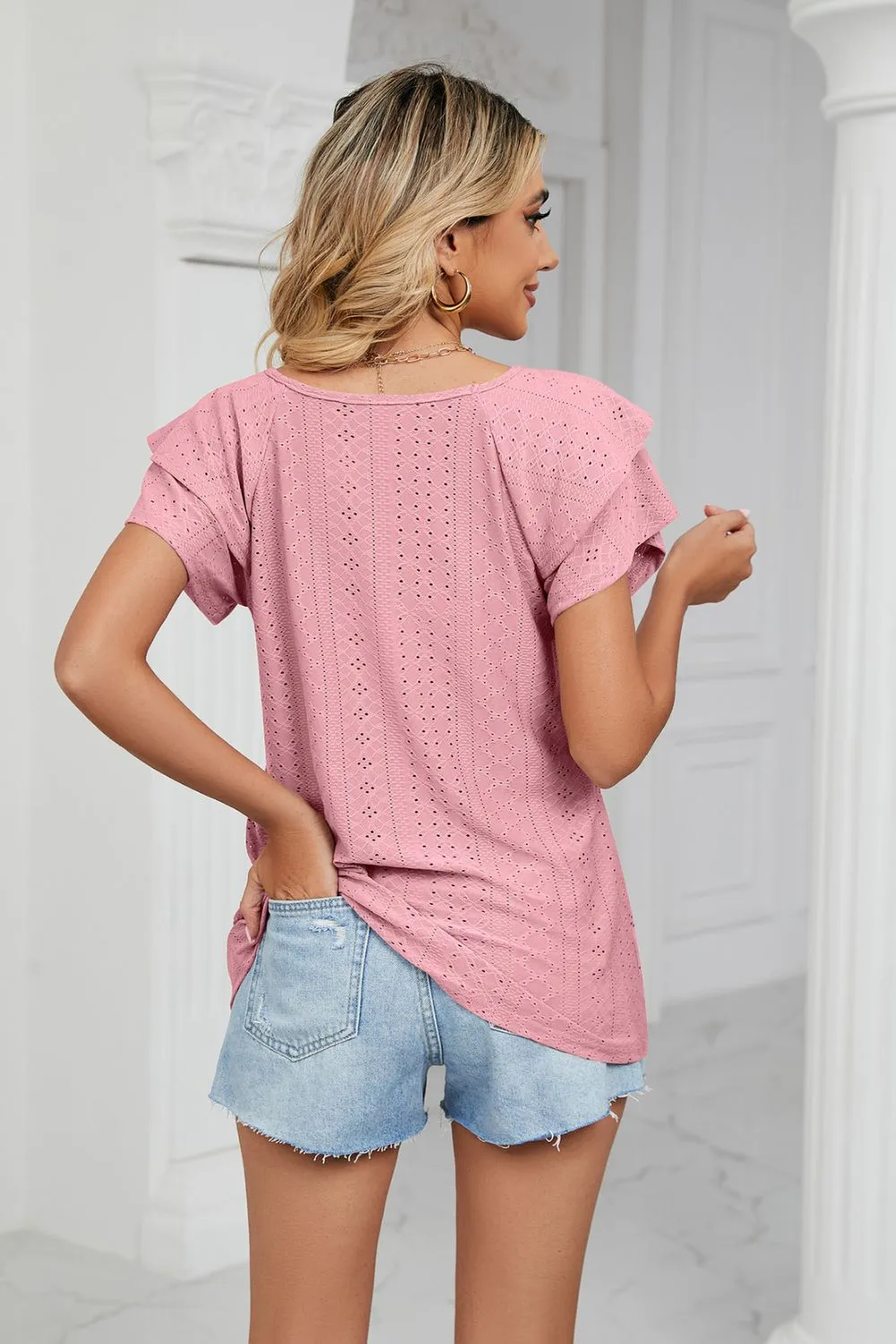 Eyelet Layered Flutter Sleeve V-Neck Knit Top, image 18