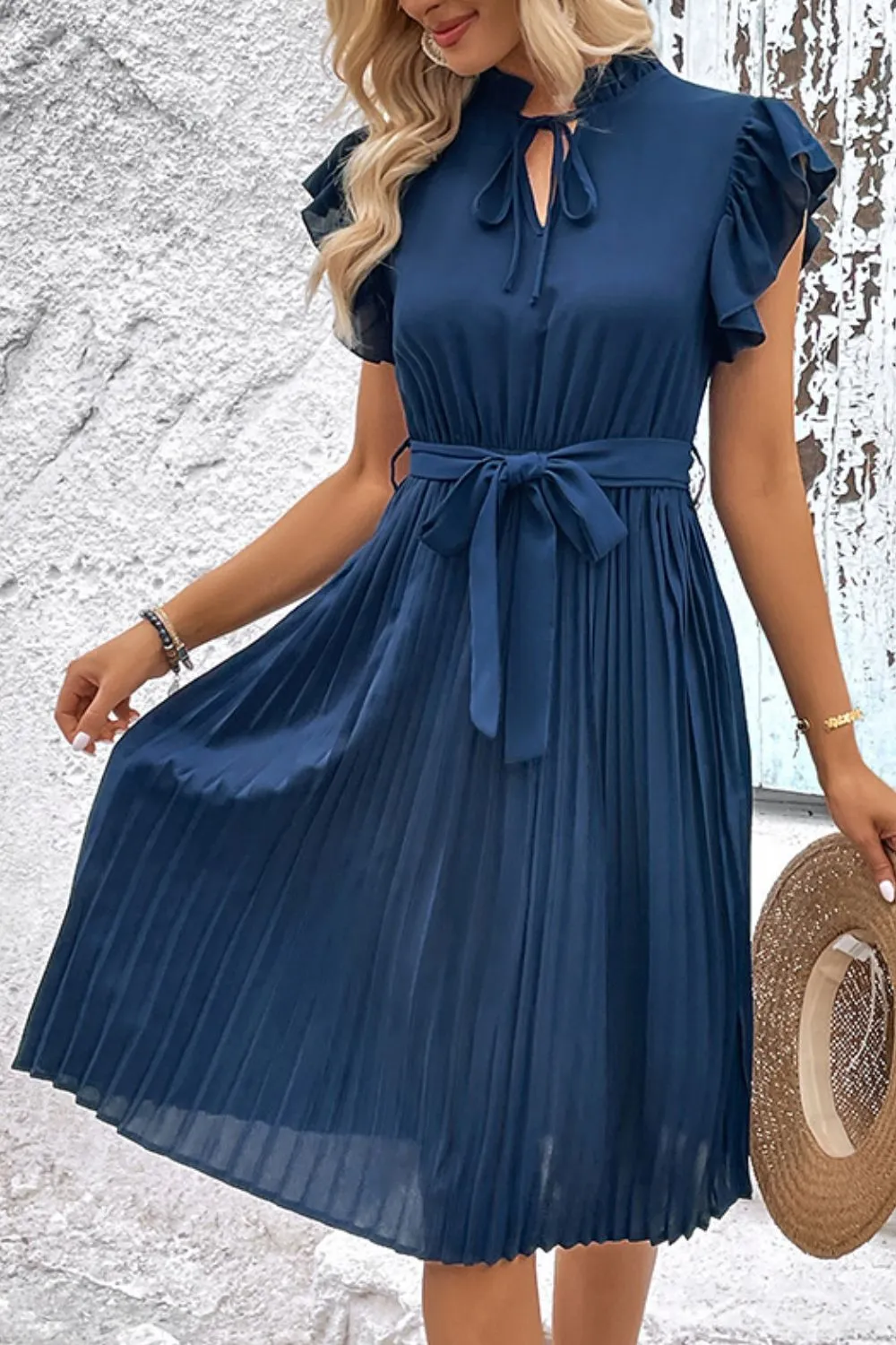 Tie Neck Belted Pleated Dress, image 4