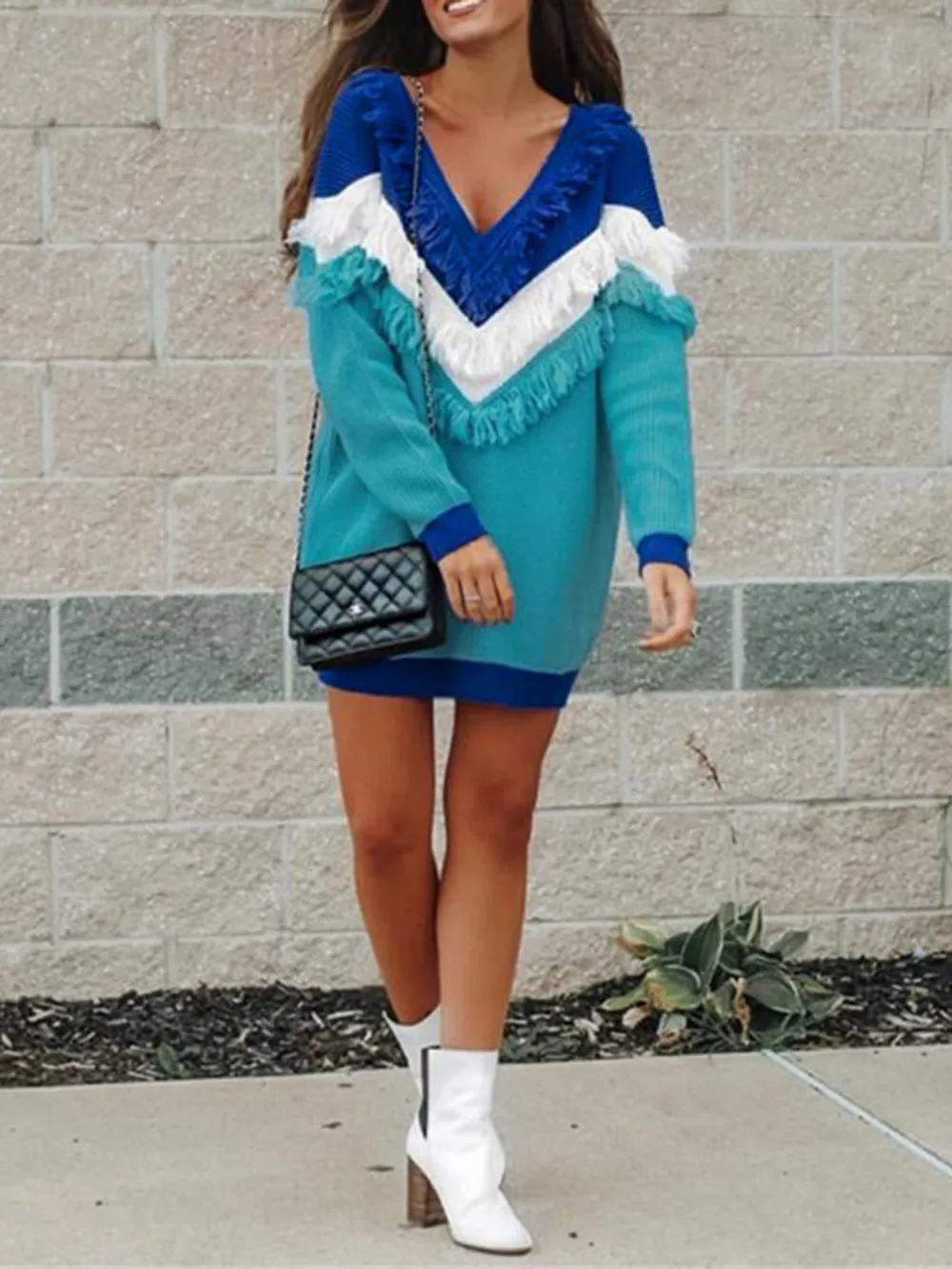 Color Block Fringed V-Neck Sweater, image 3