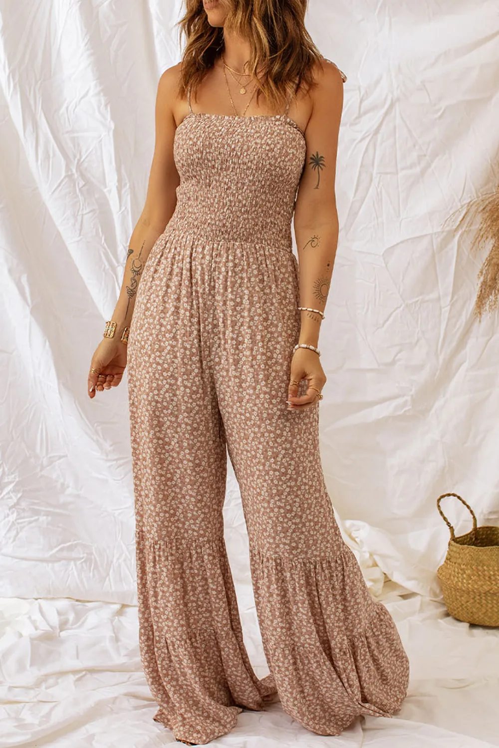 Floral Spaghetti Strap Smocked Wide Leg Jumpsuit, image 5