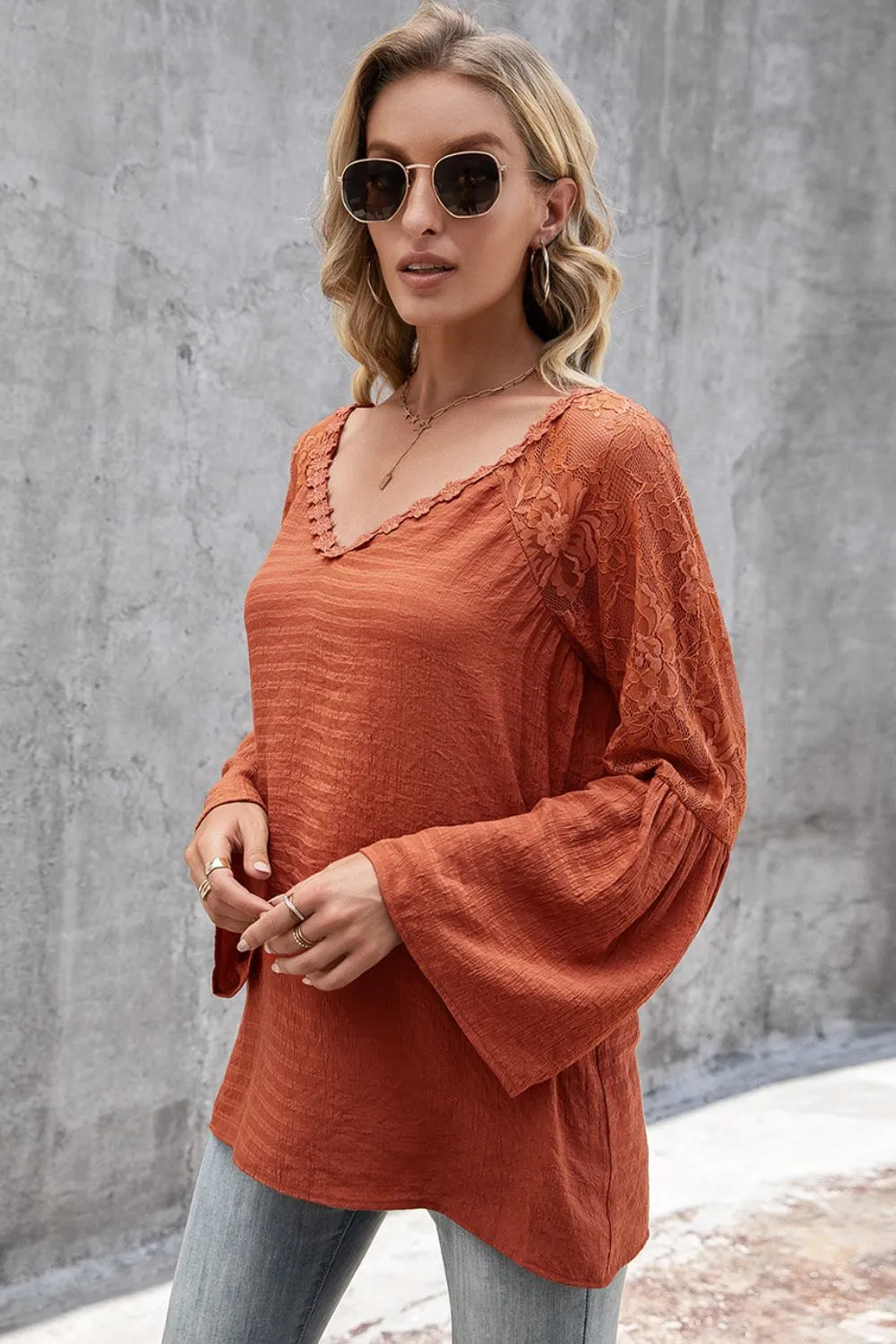 V-Neck Spliced Lace Flare Sleeve Top, image 9