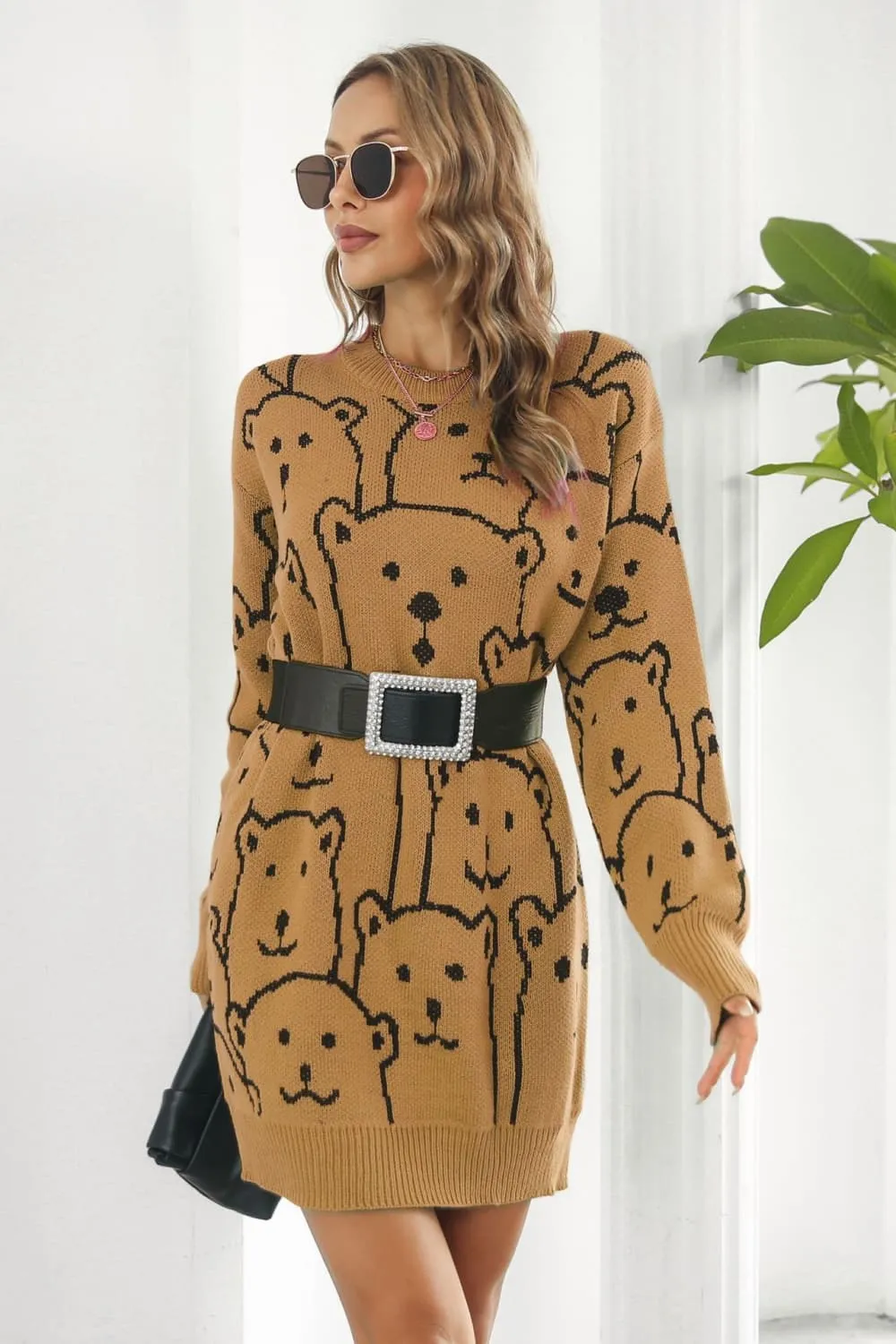 Bear Pattern Round Neck Sweater Dress, image 2