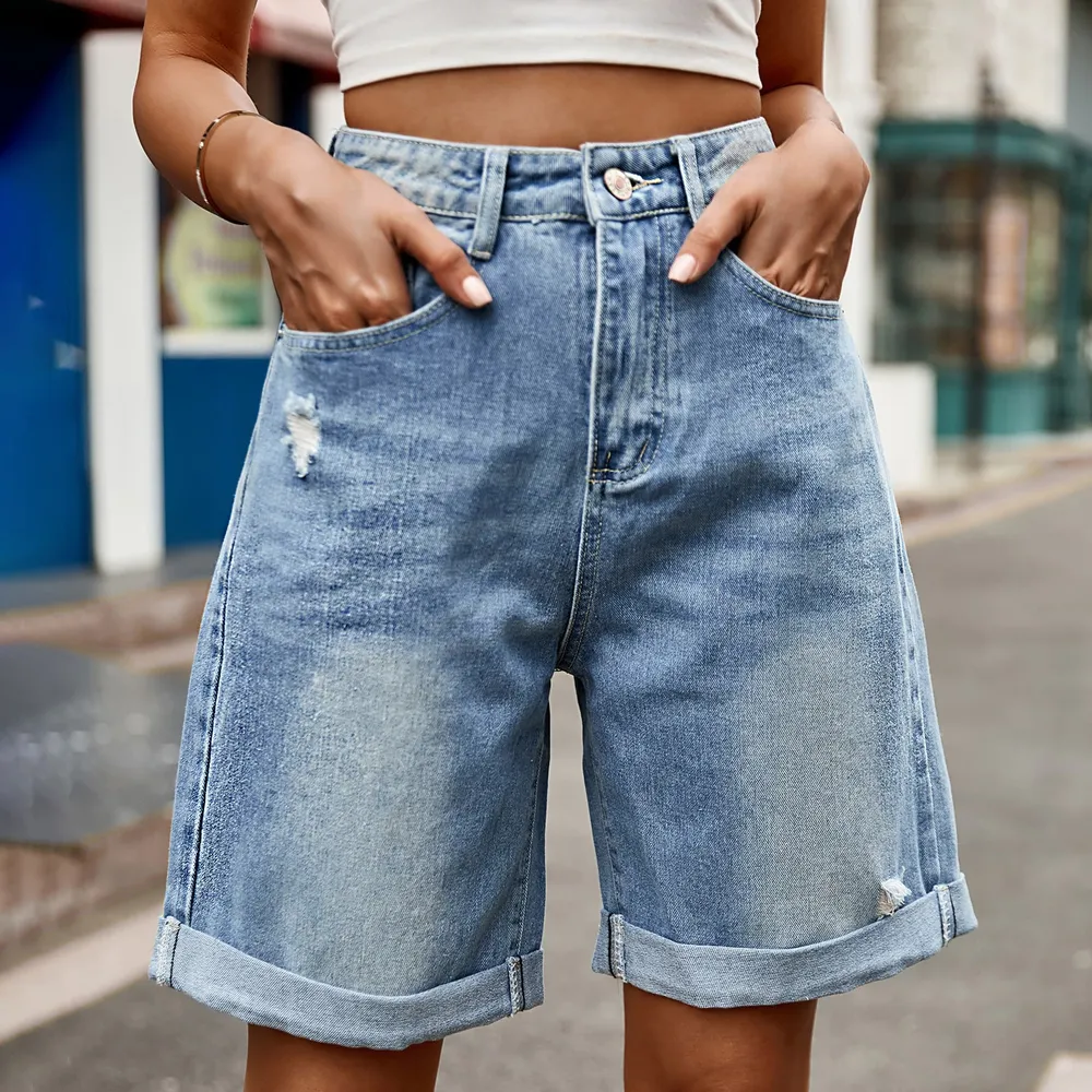 Distressed Buttoned Denim Shorts with Pockets, image 4