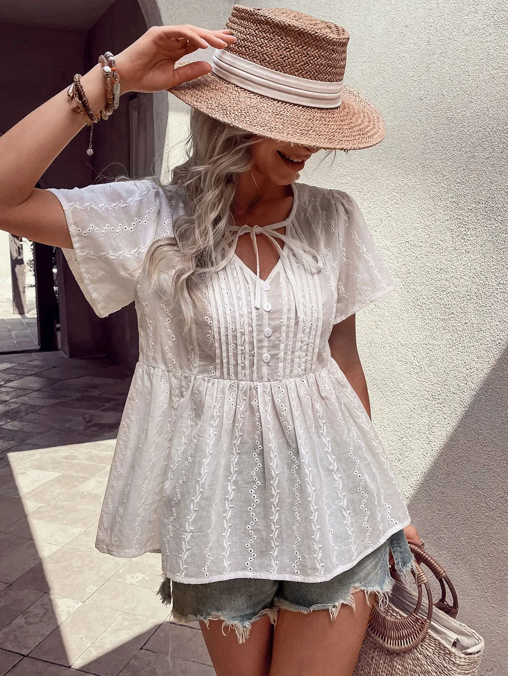 Tied Decorative Buttons Short Puff Sleeve Blouse, image 5