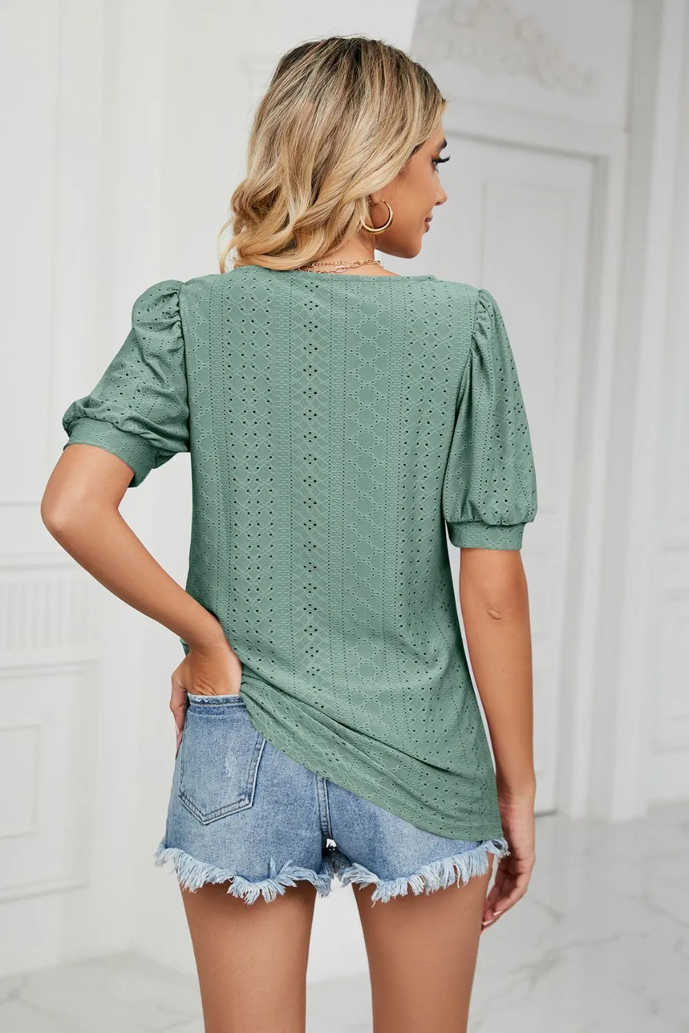 Eyelet Puff Sleeve Round Neck Top, image 3