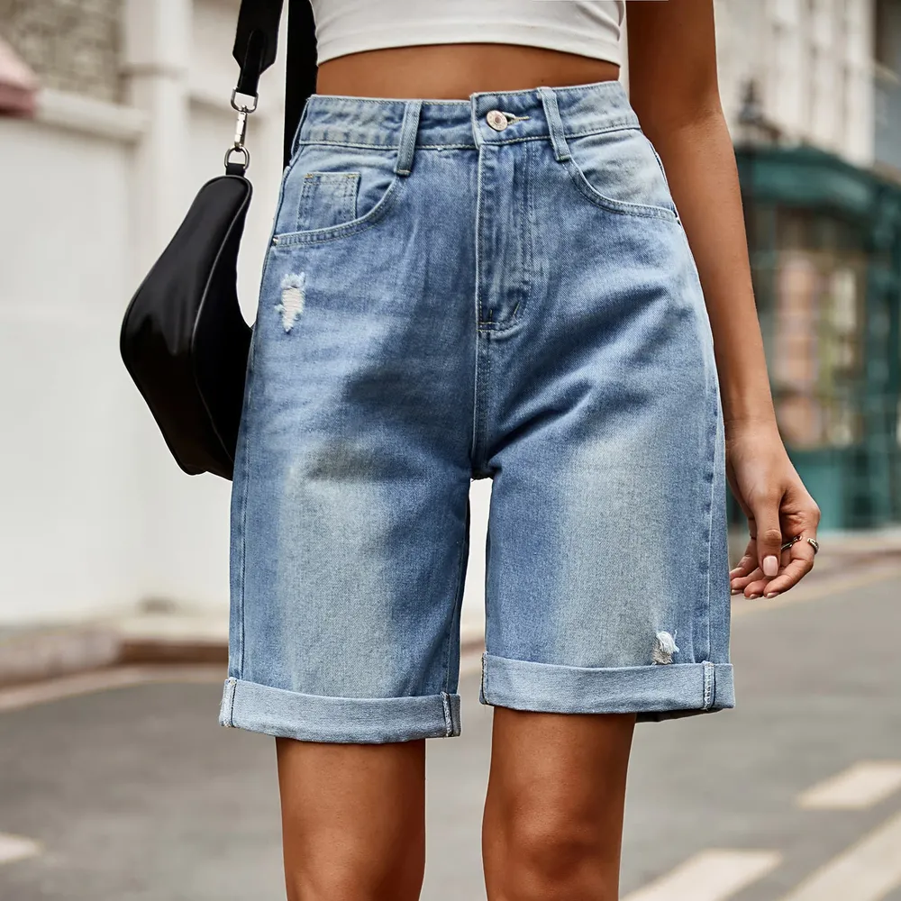 Distressed Buttoned Denim Shorts with Pockets, image 5