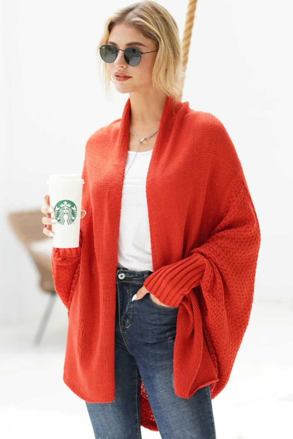 Dolman Sleeve Open Front Ribbed Trim Longline Cardigan, image 26