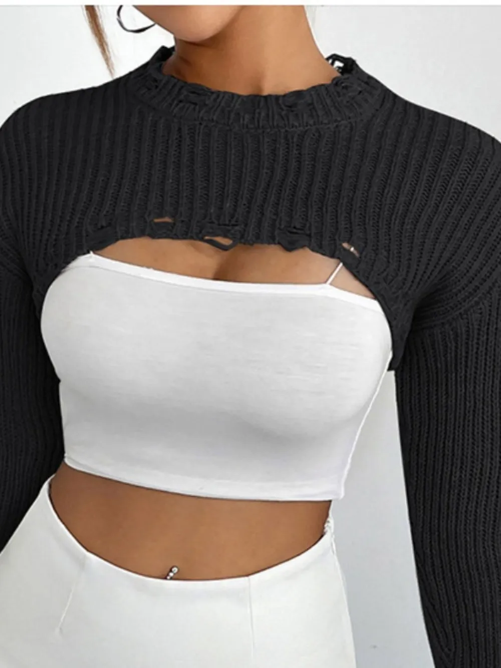 Distressed Long Sleeve Cropped Sweater, image 16