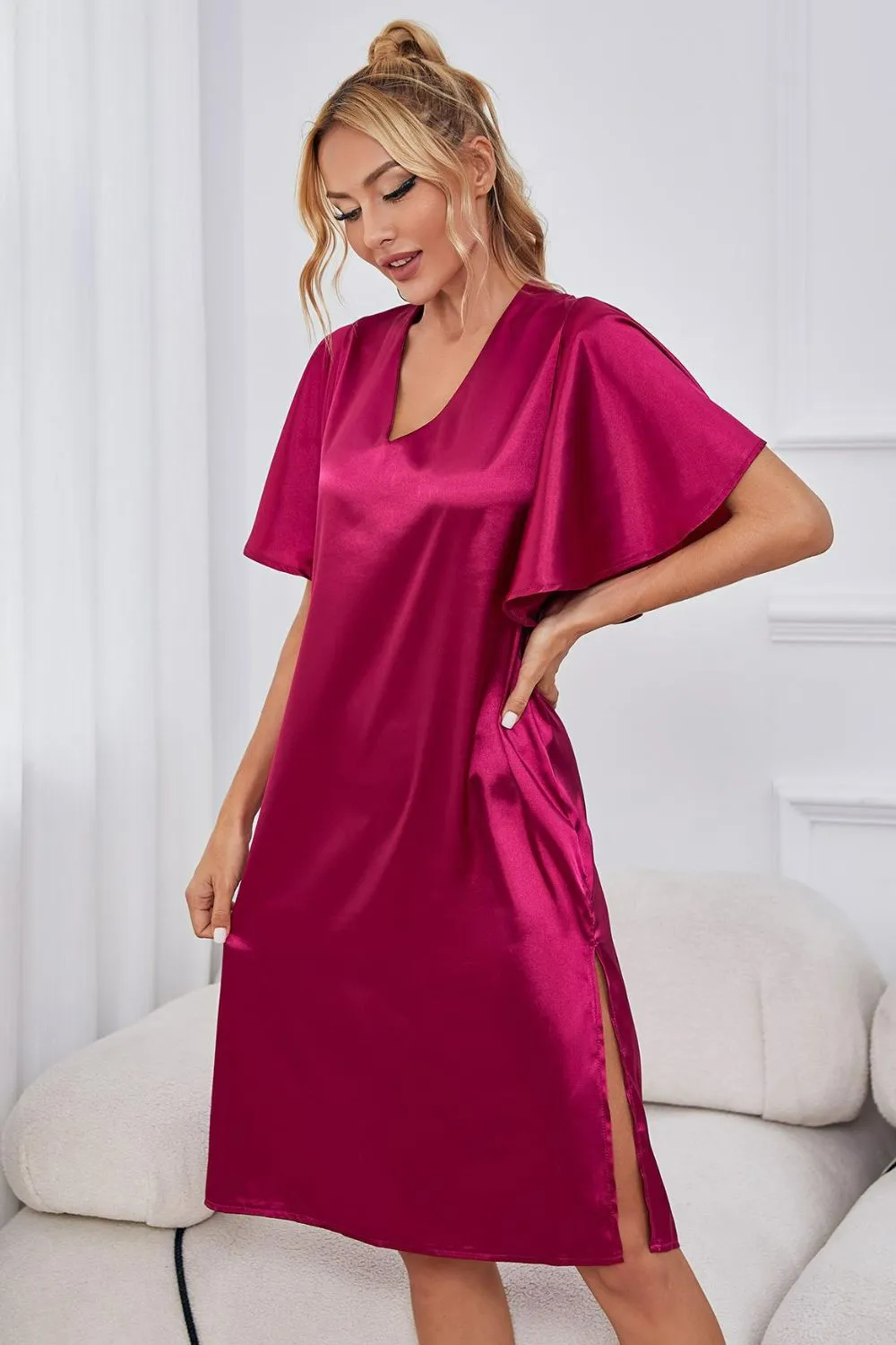 Satin Flutter Sleeve Side Slit V-Neck Night Dress, image 2