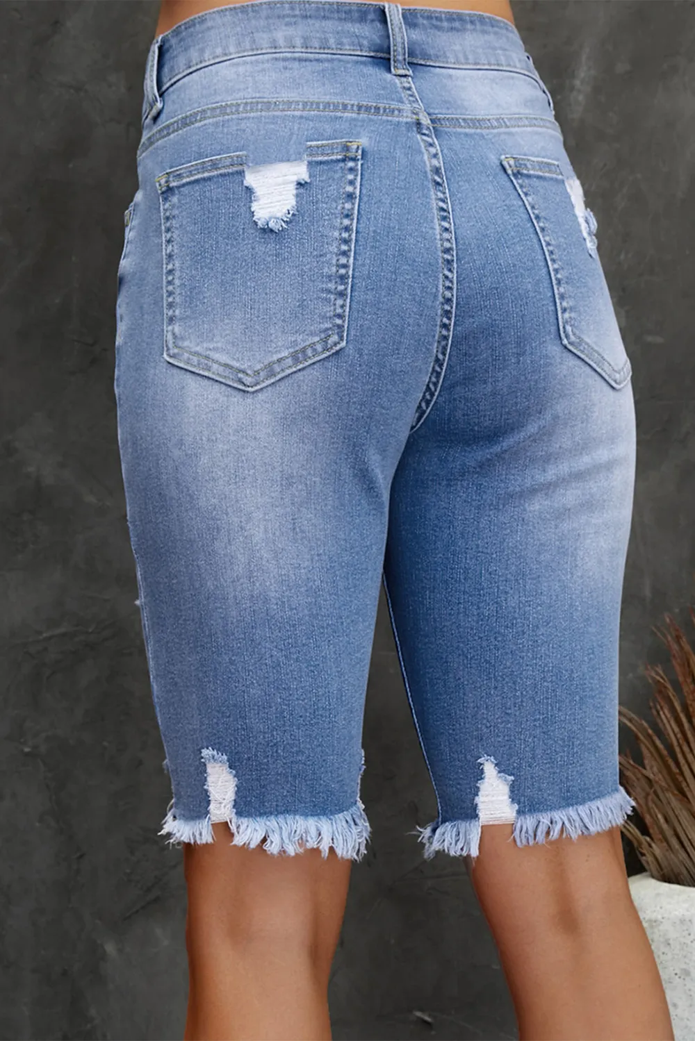 Distressed Frayed Hem Denim Bermuda Shorts, image 10
