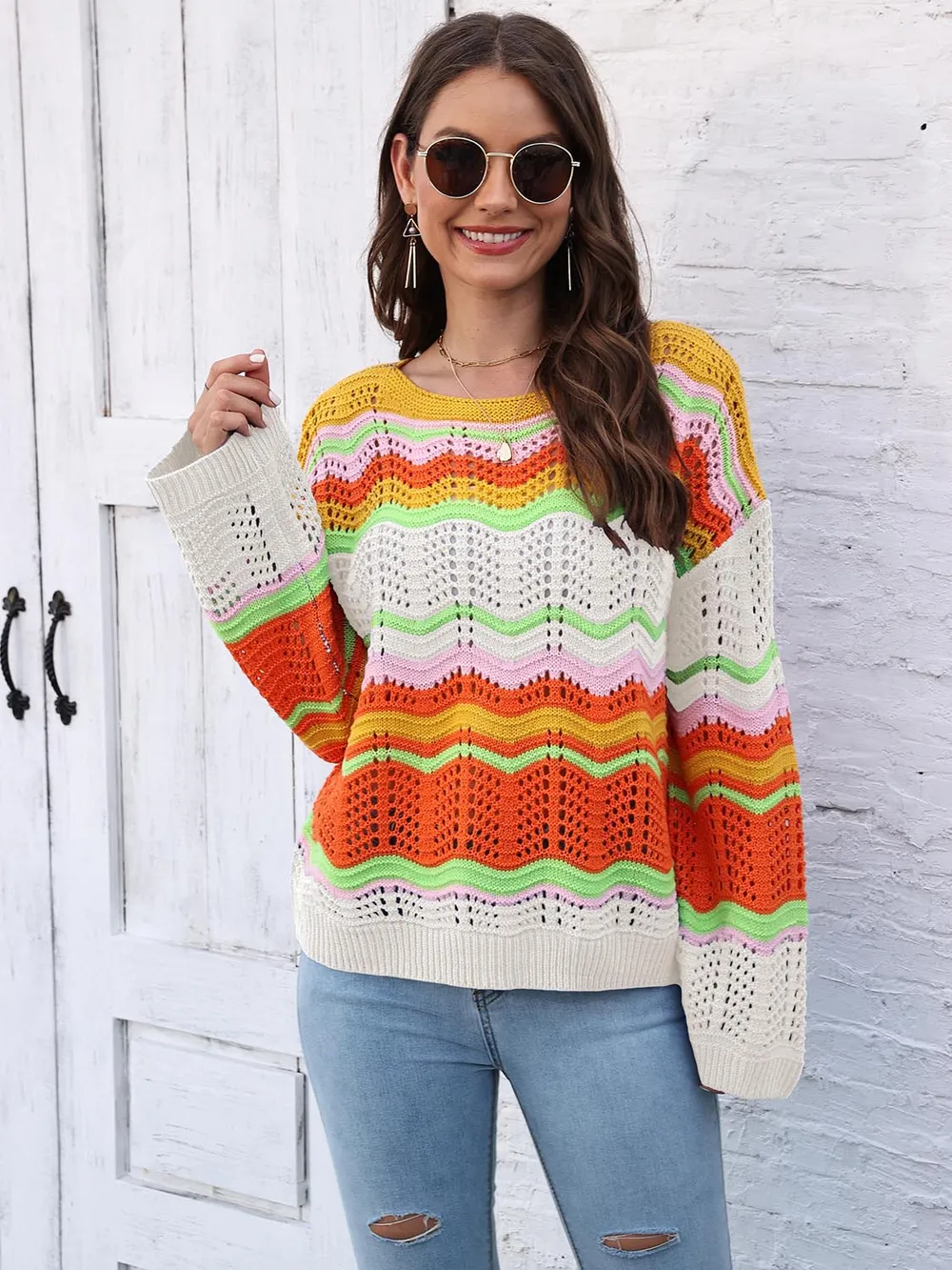 Openwork Round Neck Knit Top, image 5