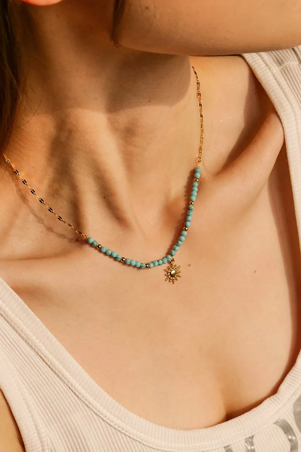 Turquoise Beaded 18K Gold-Plated Sun Shape Pendant Necklace, image 8