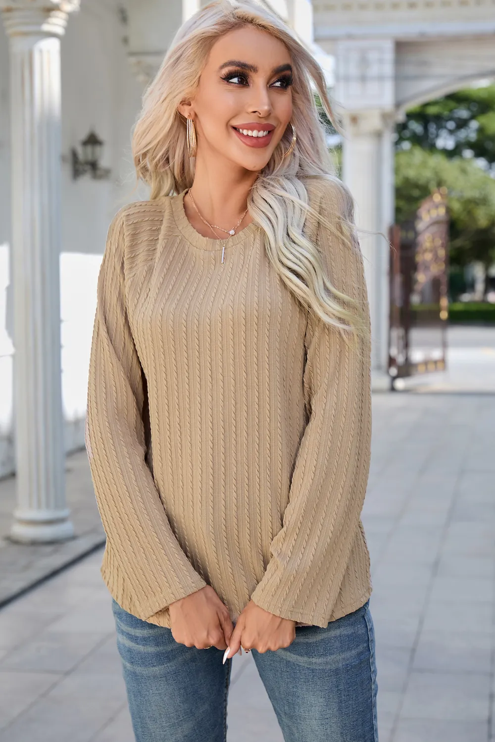 Round Neck Raglan Sleeve Ribbed Blouse, image 5
