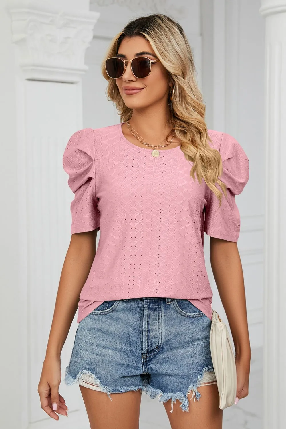Eyelet Puff Sleeve Round Neck Blouse, image 18