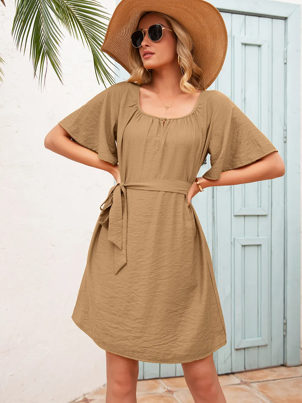 Tie Waist Flutter Sleeve Mini Dress, image 4
