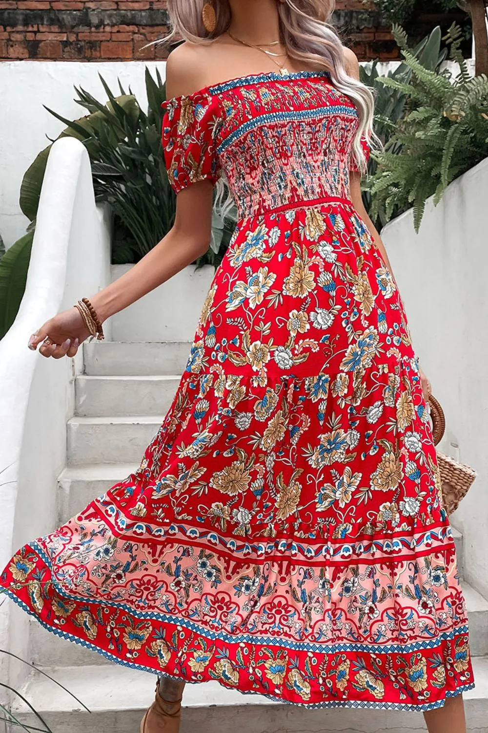 Floral Off-Shoulder Smocked Midi Dress, image 4